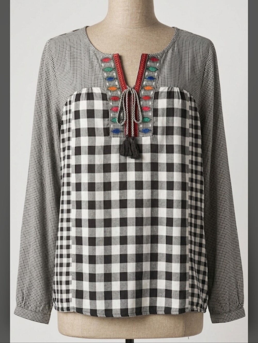 Hannah Peasant Blouse Black & White Gingham with Colorful Accents Oversized Sm